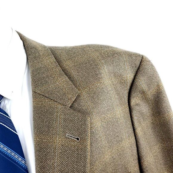 Joseph Abboud Lambswool 2 Button Sport Coat 44R Tan Herringbone Windowpane - Picture 2 of 11